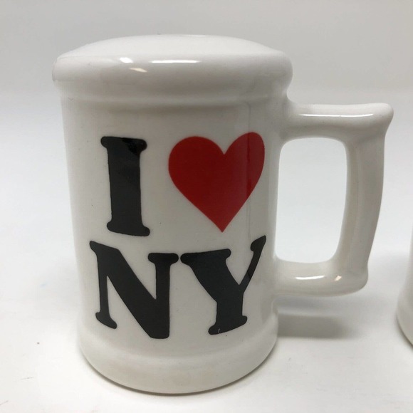 I Love New York NY Salt Pepper Shakers Set Mug Shape Handle Karol Western Korea - Picture 8 of 9